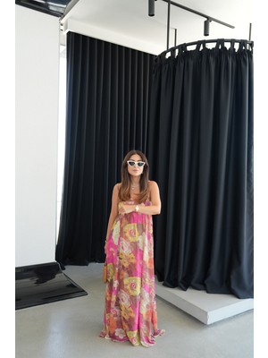 Ince Askılı Çiçek Baskılı Tül Elbise