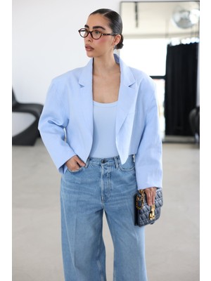 %100 Keten Geniş Yaka Crop Ceket