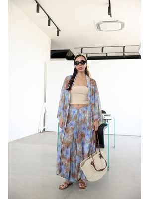 Çiçek Desenli Kendinden Desenli Kuşaklı Kimono