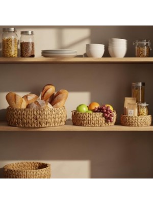 El Yapımı Hasır Bombeli Dekoratif Yuvarlak Sepet, Hasır Bombeli Dekoratif Tepsi 3 Model Seçenekli (30 * 11CM) (Orta Boy)