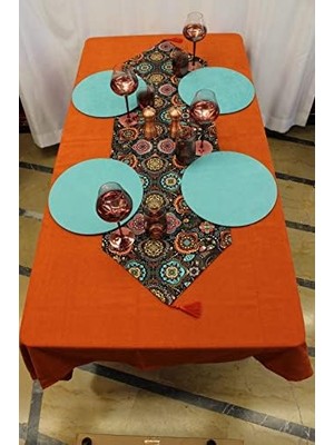 Alaca Renk Karışık Motif Desenli Siyah Arka Plan Dijital Baskılı Runner Amerikan Servis 40X150 cm