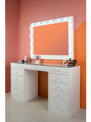 Platto Creative Works Milano XL Makyaj Takımı 140cm Masa, 110 Cm Hollywood Işıklı Makyaj Aynası