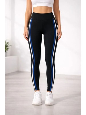 Likralı Yan Beyaz Mavi Şeritli Detaylı Tayt - Siyah