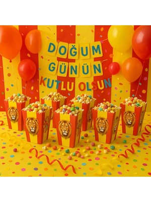 Partinity Sarı Kırmızı Aslan Temalı Popcorn Kutusu, 8'li Set, Doğum Günü Parti Malzemesi