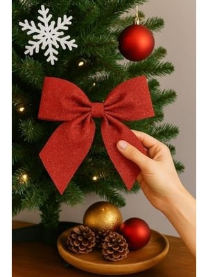 Yılbaşı Ağacı 2'li Fiyonk Kırmızı Simli Eva Kapı ve Cam Süsleme