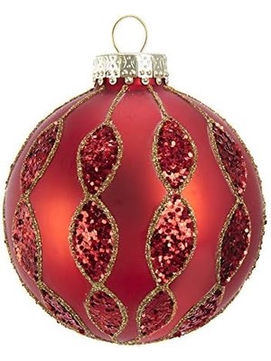 Kurt S. Adler Kurt Adler 80 mm Parlak Desenli Cam Top, 6 Parça Kutu Süsleme, Kırmızı, Altın