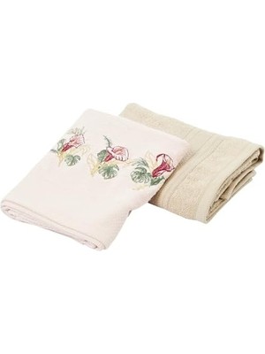 Çiçek Desenli%60 Pamuk%40 Viskoz Hamam Seti, Somon, 2 Adet 70X150 cm Havlu, 2 Adet 50X90 cm Havlu