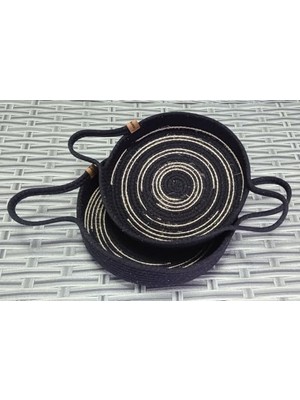 Hasır 2 Adet Örme Tepsi Sepet Jüt Çizgili Siyah Kordon Halat Ip Düzenleyici