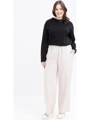 Allday Kadın Büyük Beden Beli Lastikli Geniş Paça Keten Pantolon