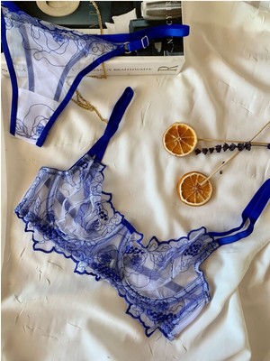 Rozenin Lingerie Mavi Çiçekli Balenli Kapsız Tül Sütyen Takımı