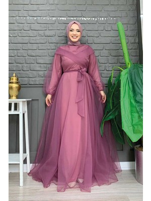 Bym Fashion Omuz Şerit Detay Bel Bağlamalı Tül Abiye Elbise 3964 Lila