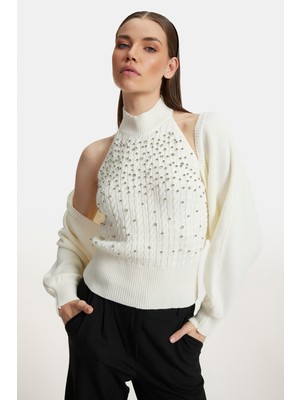 Shemall Luxury Kadın Triko Halter Yaka Bluz-Hırka 2'li Takım