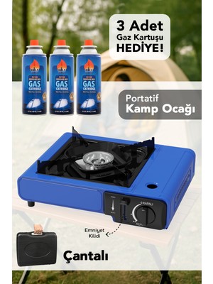 Meleni Home Portatif Kamp Ocağı - Taşıma Çantalı Gazlı Stop Emniyetli Mavi Kamp Ocağı ve 3 Adet 227 gr Kartuş