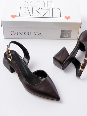 Divolya Aura Acı Kahve Yanı Tokalı (4 cm Topuk Boyu ) Sivri Burun Topuklu Babet Ayakkabı