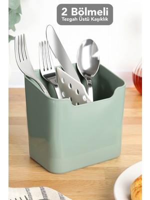 Meleni Home Luna Tezgah Üstü Kaşıklık - Bölmeli Kepçe Kaşık Bıçak Standı Düzenleyici Mutfak Organizer Yeşil