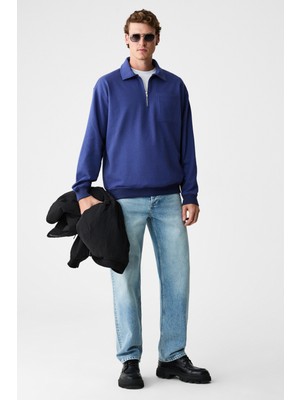 Grimelange Shıftd Erkek Bisiklet Yaka Uzun Kollu Fermuarlı Indigo Sweatshirt