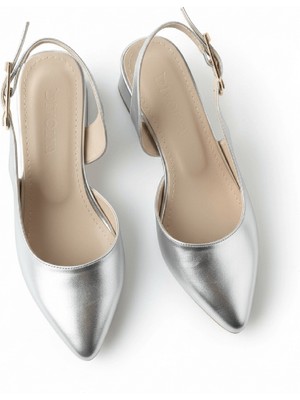 Divolya Aura Gümüş (4 cm Topuk Boyu ) Sivri Burun Topuklu Babet Ayakkabı