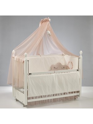 Meltem Kids Kral Sallanır Anne Yanı Beşik Ahşap Bebek Beşiği 60x120 cm (beyaz-motto pudra)