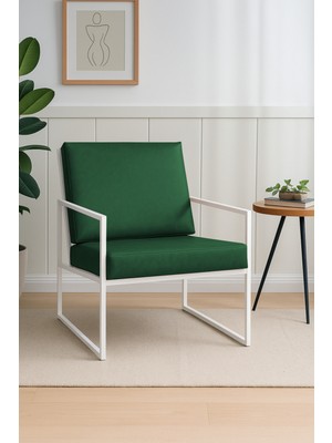 Azra Mobilya Iskandinav Deri Berjer – Beyaz Metal Ayaklı Modern Tekli Koltuk - Yeşil