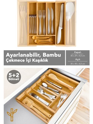 Meleni Home Ayarlanabilir Bambu Kaşıklık - Uzayabilen Kaşık Bıçak Düzenleyici Organizer Çekmece Içi Kaşıklık
