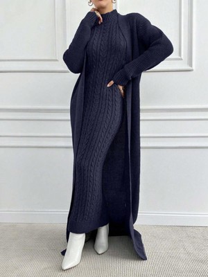 We&Me Kadın Triko Uzun Elbise Fitilli Saç Örgü Desen Boğazlı Slim Kalıp