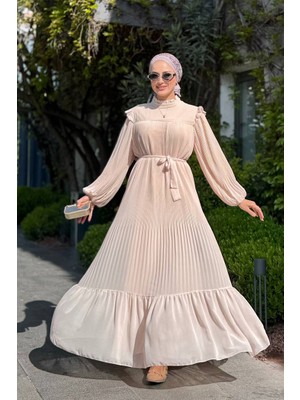 Bym Fashion Piliseli Fırfır Görünümlü Bel Kuşaklı Şifon Elbise 3628 Taş