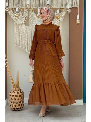 Bym Fashion Piliseli Fırfır Görünümlü Bel Kuşaklı Şifon Elbise 3628 Taba