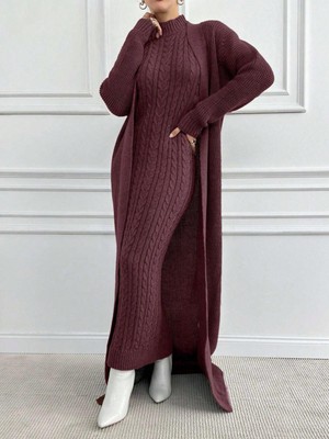 We&Me Kadın Triko Uzun Elbise Fitilli Saç Örgü Desen Boğazlı Slim Kalıp