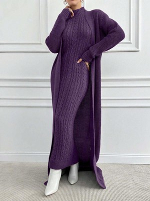 We&Me Kadın Triko Uzun Elbise Fitilli Saç Örgü Desen Boğazlı Slim Kalıp