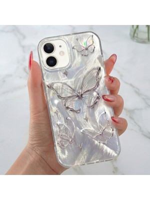 Fibaks Apple iPhone 12-12 Pro Parlak Hologramlı Kelebek Desenli Darbe Emici Kamera Korumalı Silikon