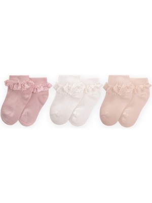 Cigit Üçlü Dantelli Bebe Patik Çorabı 0-4 Yaş Pudra,kum,beyaz