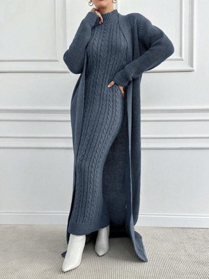 We&Me Kadın Triko Uzun Elbise Fitilli Saç Örgü Desen Boğazlı Slim Kalıp