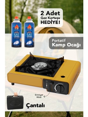 Meleni Home Portatif Kamp Ocağı - Taşıma Çantalı Gazlı Stop Emniyetli Sarı Kamp Ocağı ve 2 Adet 227 gr Kartuş