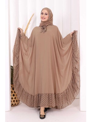 Bym Fashion Benekli Yaka Detay Şifon Pelerinli Elbise Takım 3643 Vizon