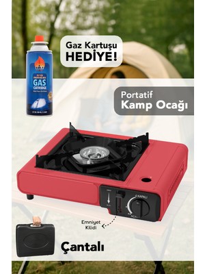 Meleni Home Portatif Kamp Ocağı - Taşıma Çantalı Gazlı Stop Emniyetli Kırmızı Kamp Ocağı ve 1 Adet 227 gr Kartuş