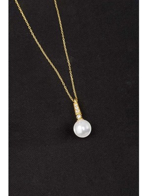 Else Silver 925 Ayar Gümüş Zirkon Taşlı Küre Inci Kolye - Altın Kaplama