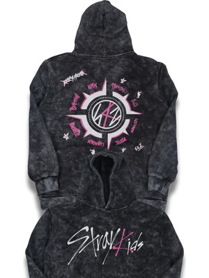 Fuddy Moda Unisex Rockstar Albüm Sırt Baskılı Kapüşonlu Yıkamalı Sweatshirt, Oversize Stray Kids Baskı Hoodie