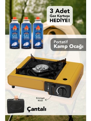 Meleni Home Portatif Kamp Ocağı - Taşıma Çantalı Gazlı Stop Emniyetli Sarı Kamp Ocağı ve 3 Adet 227 gr Kartuş