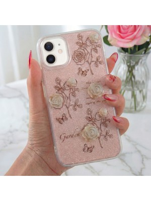 Fibaks Apple iPhone 12 Uyumlu Kılıf Simli Beyaz Gül Desenli Renkli Parlak Darbe Emici Kapak