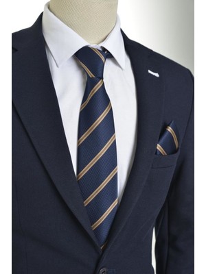 Brianze 8 Cm Vizon Çizgili Lacivert Mendilli Kravat
