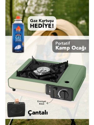 Meleni Home Portatif Kamp Ocağı - Taşıma Çantalı Gazlı Stop Emniyetli Yeşil Kamp Ocağı ve 1 Adet 227 gr Kartuş