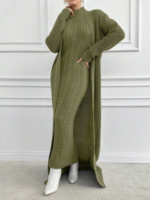 We&Me Kadın Triko Uzun Elbise Fitilli Saç Örgü Desen Boğazlı Slim Kalıp