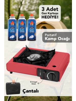 Meleni Home Portatif Kamp Ocağı - Taşıma Çantalı Gazlı Stop Emniyetli Kırmızı Kamp Ocağı ve 3 Adet 227 gr Kartuş