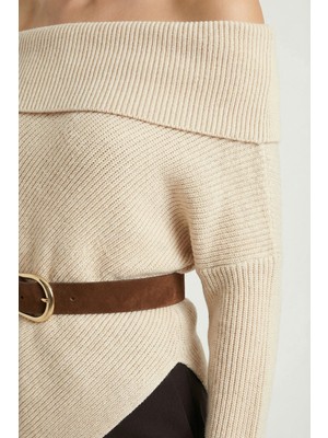 Happiness İstanbul Açık Omuzlu Asimetrik Oversize Triko Kazak LDP0090 Krem