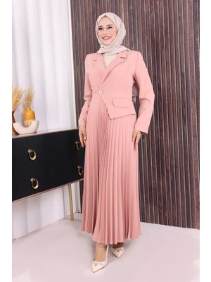 Bym Fashion Ceket Görünümlü Eteği Piliseli Elbise 3700 Pudra