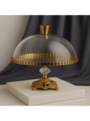 Elta Collection Paşabahçe Lüx Metal Ayaklı Yaldızlı Kek Fanus Pasta Sunumluk