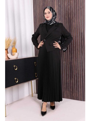 Bym Fashion Siyah Ceket Görünümlü Eteği Piliseli Elbise Dantel Desenli Bodycon Kalıp Özellikli 3700
