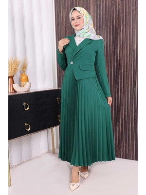 Bym Fashion Ceket Görünümlü Eteği Piliseli Elbise 3700 Zümrüt