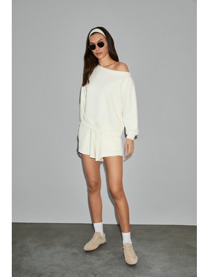 Grimelange Punnuet Kadın Organik Pamuklu Kayık Yaka Beli Lastikli Çift Cepli Relaxed Ekru Alt-Üst Takım