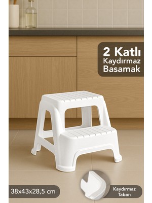 Meleni Home 2 Basamaklı Merdiven Tabure - Kaydırmaz Tabanlı Çok Amaçlı Basamak Tabure Beyaz